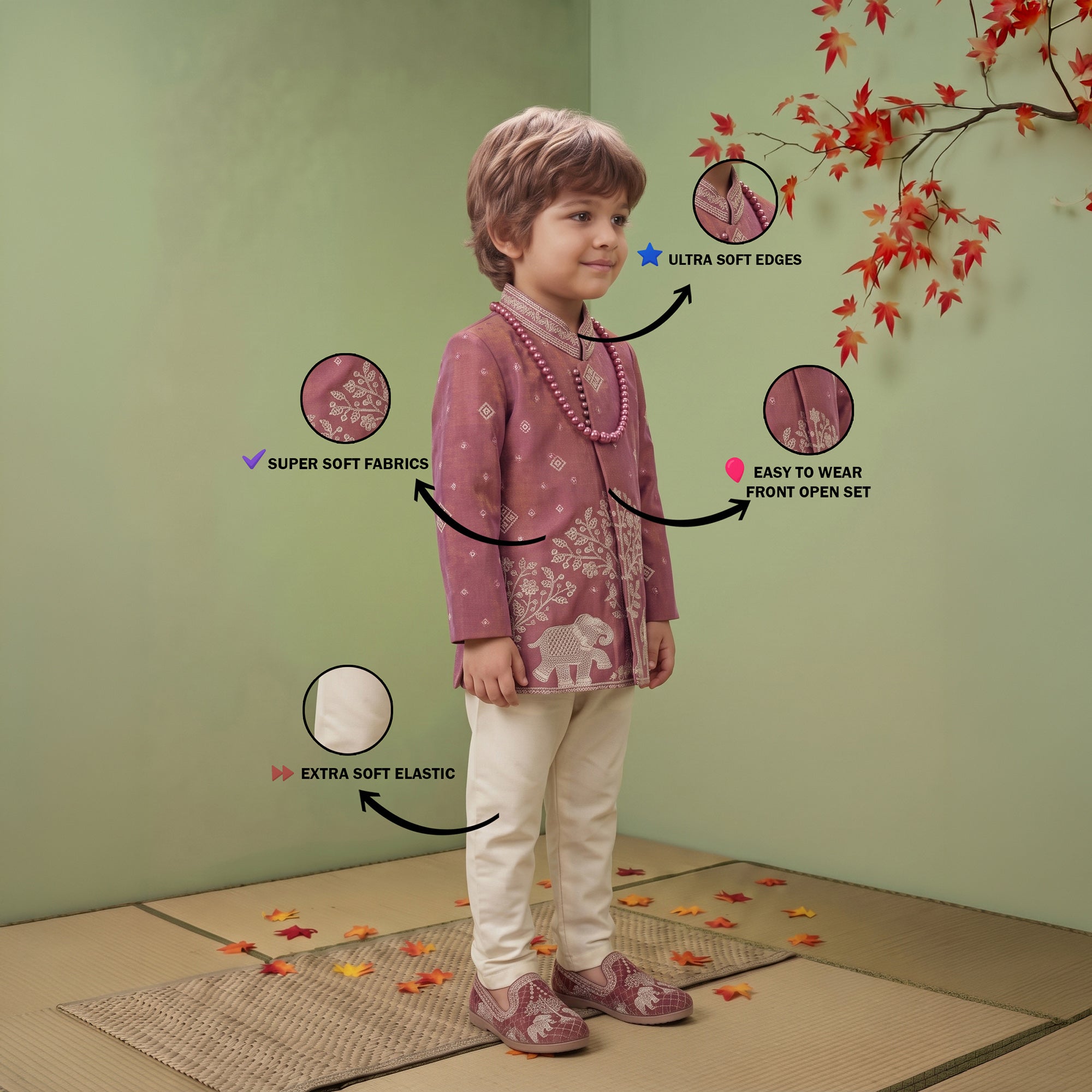 Boys Georgette Embroidered Sherwani & Trouser Set with Traditional Motifs Mauve