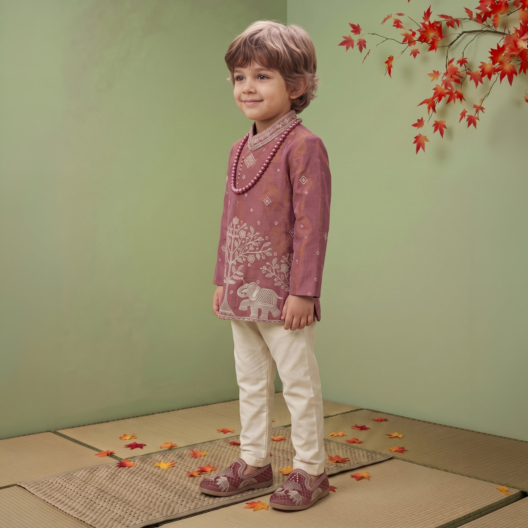 Boys Georgette Embroidered Sherwani & Trouser Set with Traditional Motifs Mauve