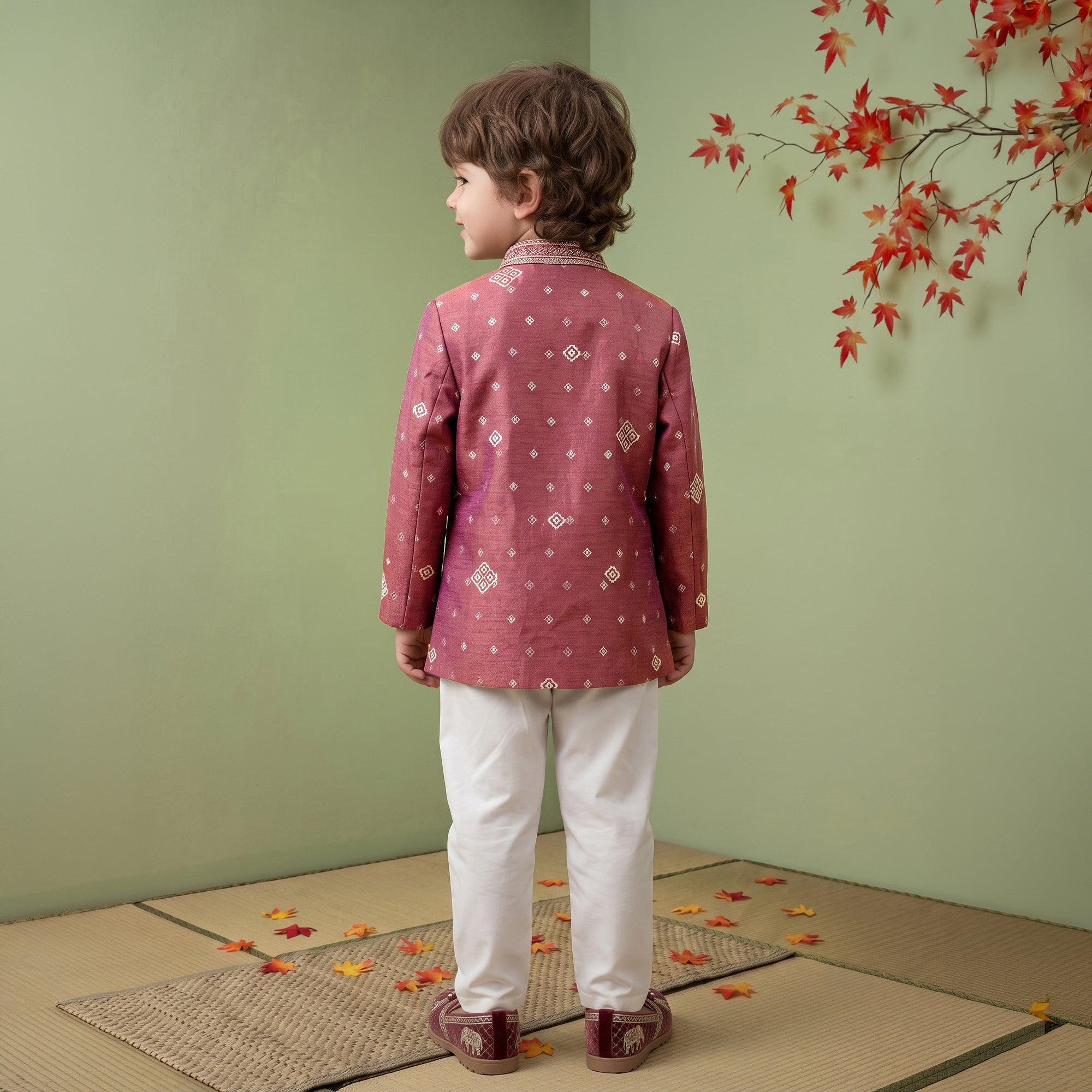Boys Georgette Embroidered Sherwani & Trouser Set with Traditional Motifs Mauve