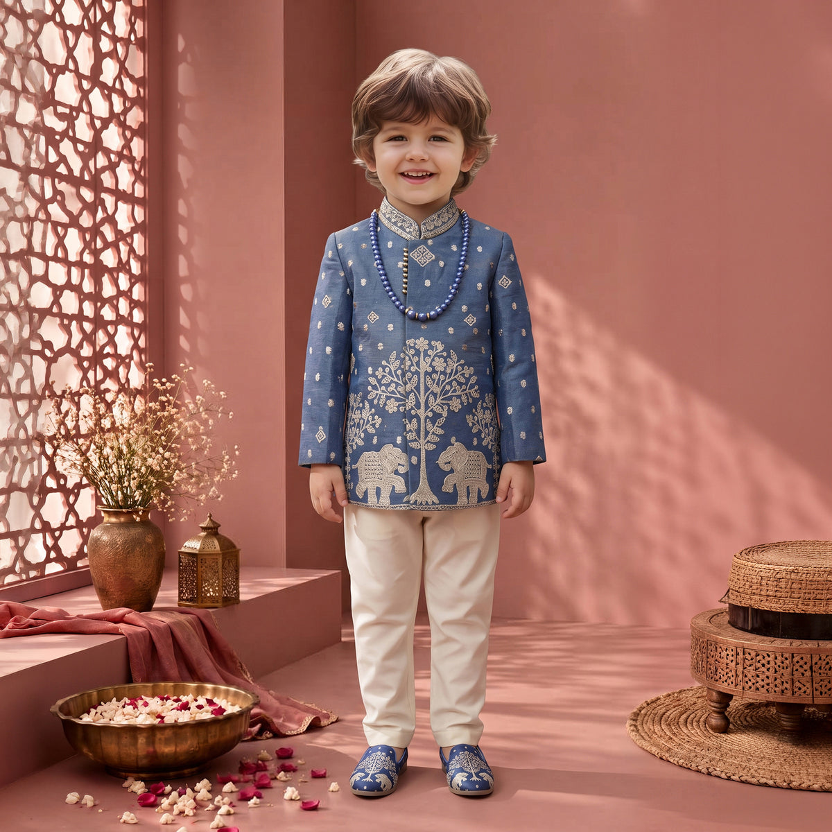 Boys Georgette Embroidered Sherwani & Trouser Set with Traditional Motifs Steel Blue