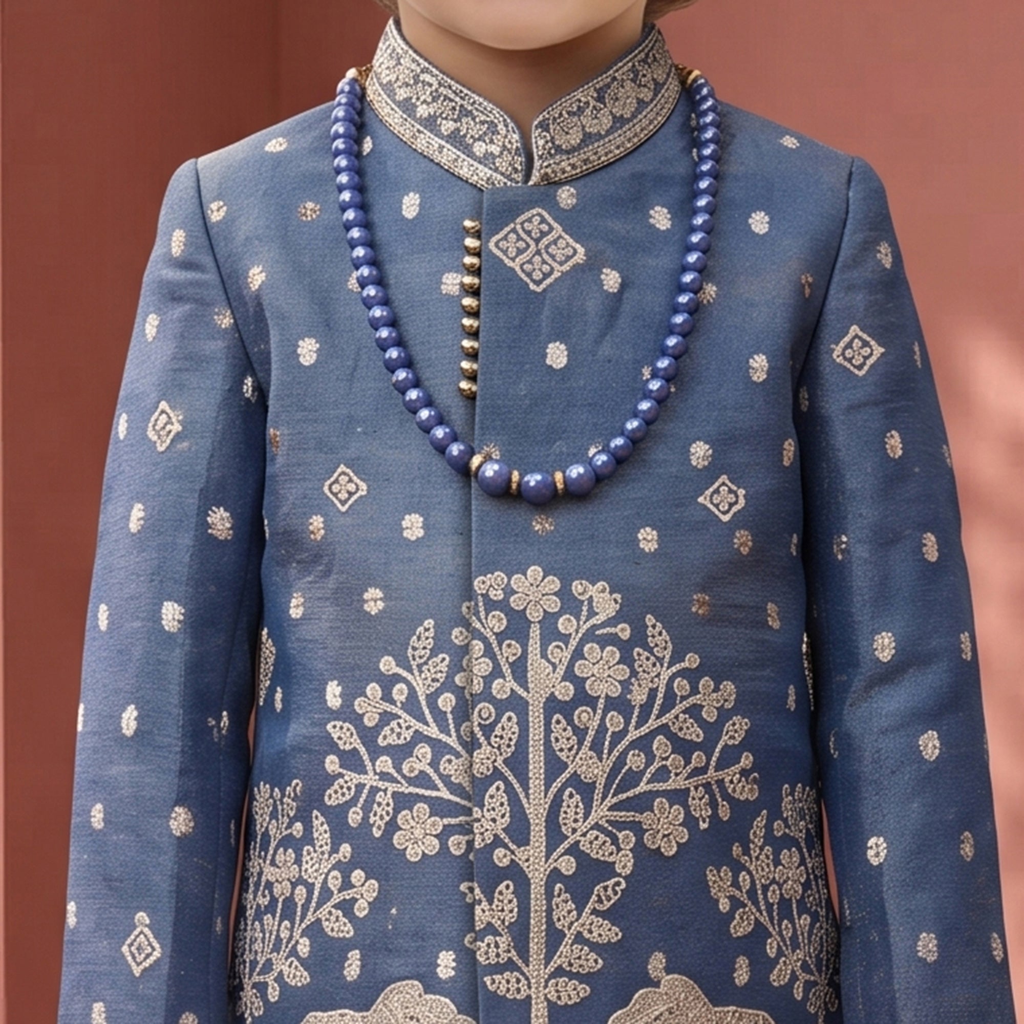 Boys Georgette Embroidered Sherwani & Trouser Set with Traditional Motifs Steel Blue
