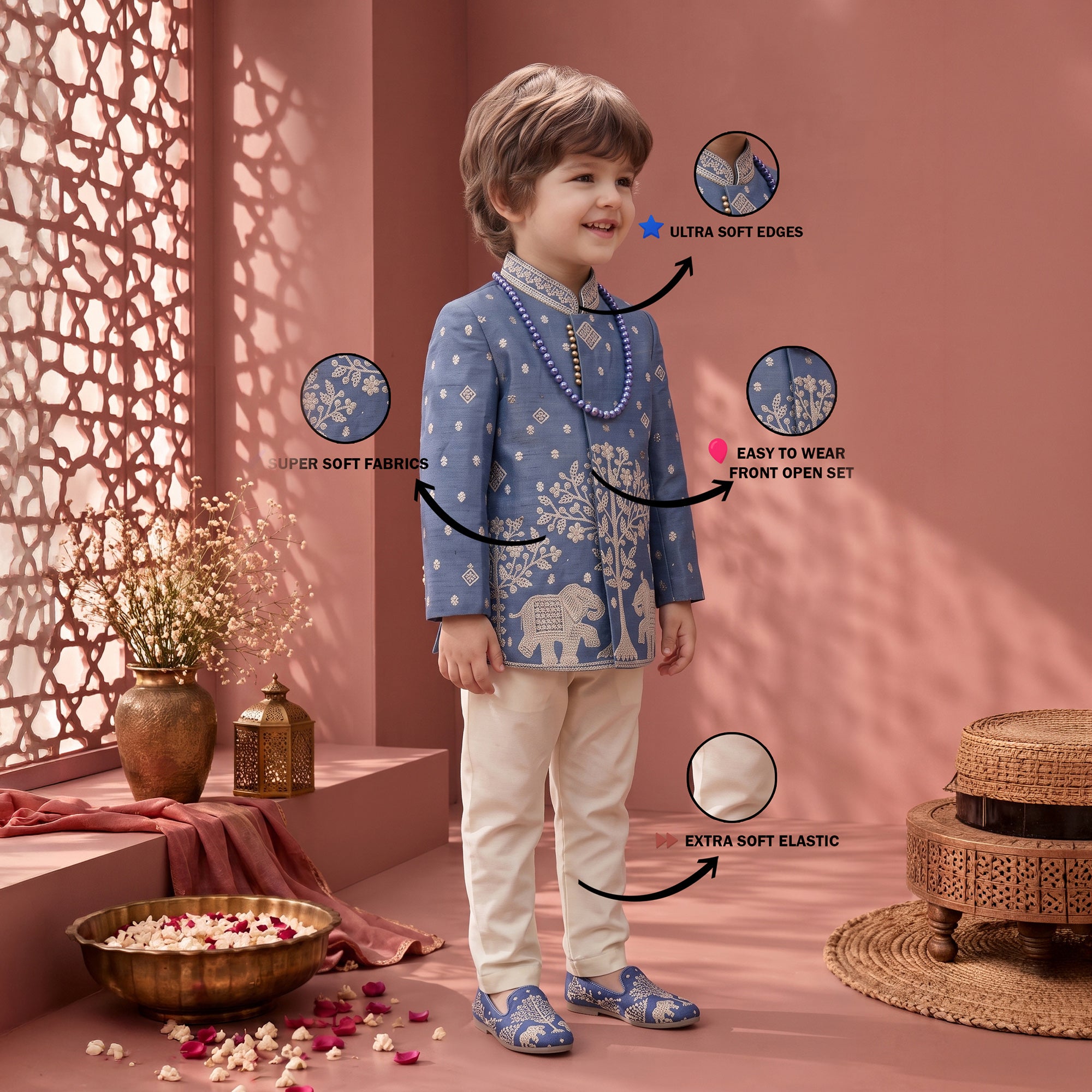 Boys Georgette Embroidered Sherwani & Trouser Set with Traditional Motifs Steel Blue