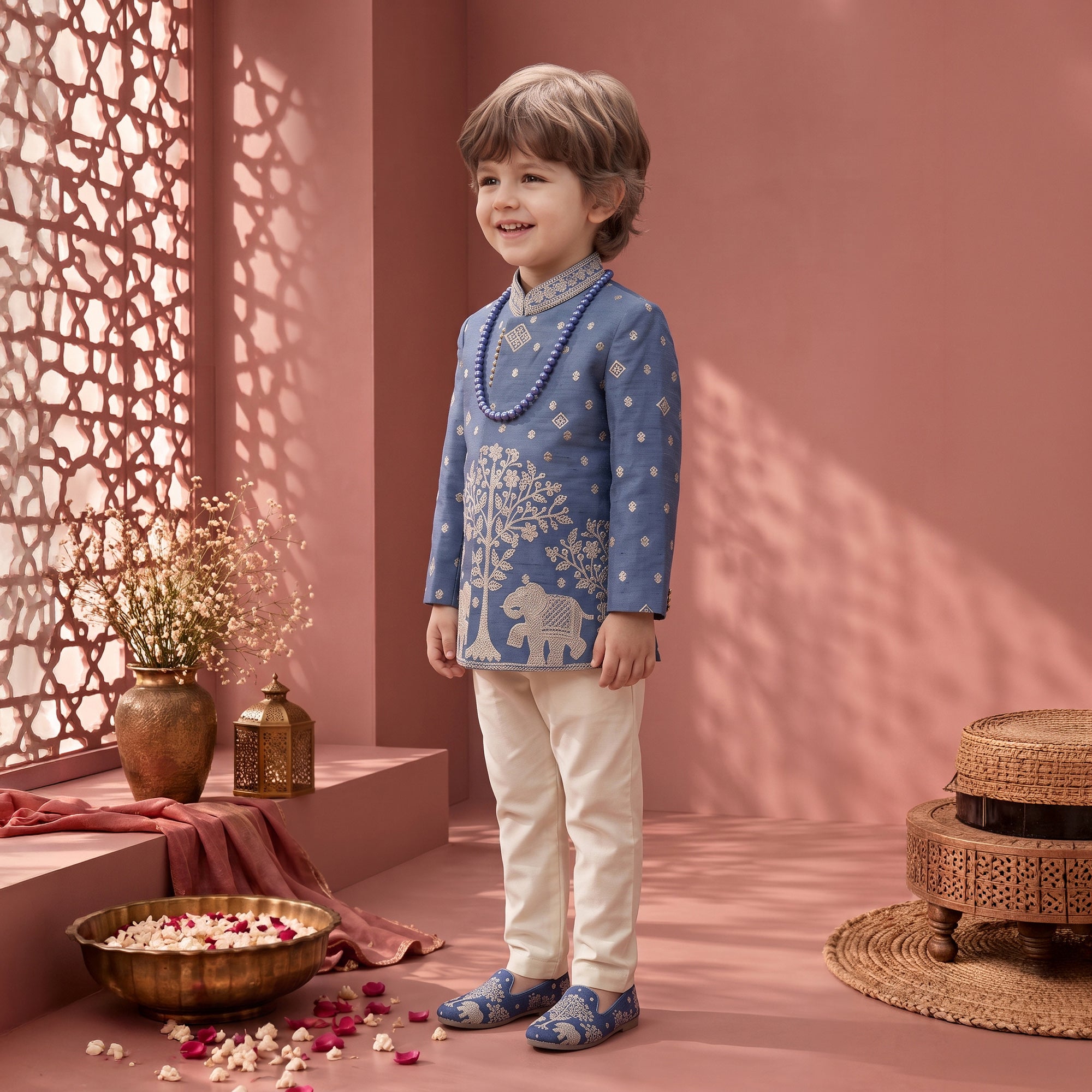 Boys Georgette Embroidered Sherwani & Trouser Set with Traditional Motifs Steel Blue