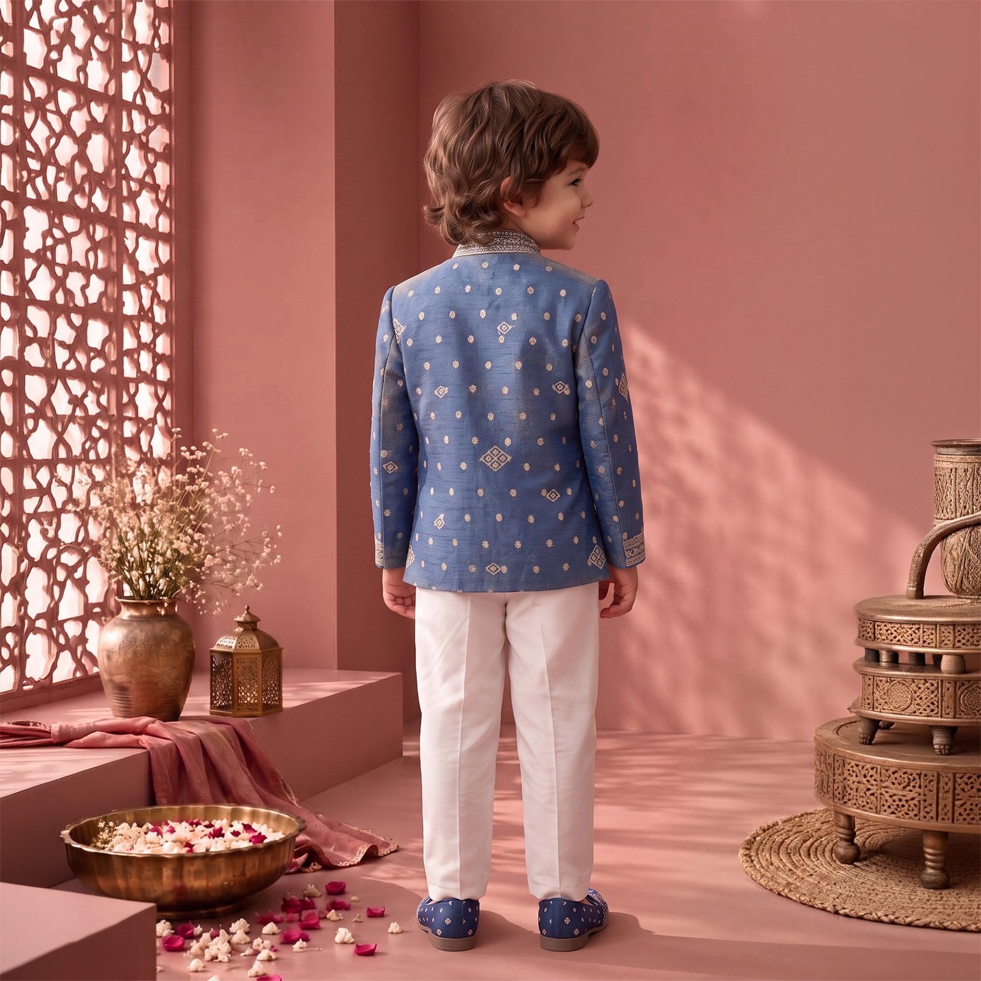 Boys Georgette Embroidered Sherwani & Trouser Set with Traditional Motifs Steel Blue