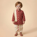 Boys Ethnic Brocade Kurta and Cream Dhoti Set with Stole (Festive & Wedding Wear) Red