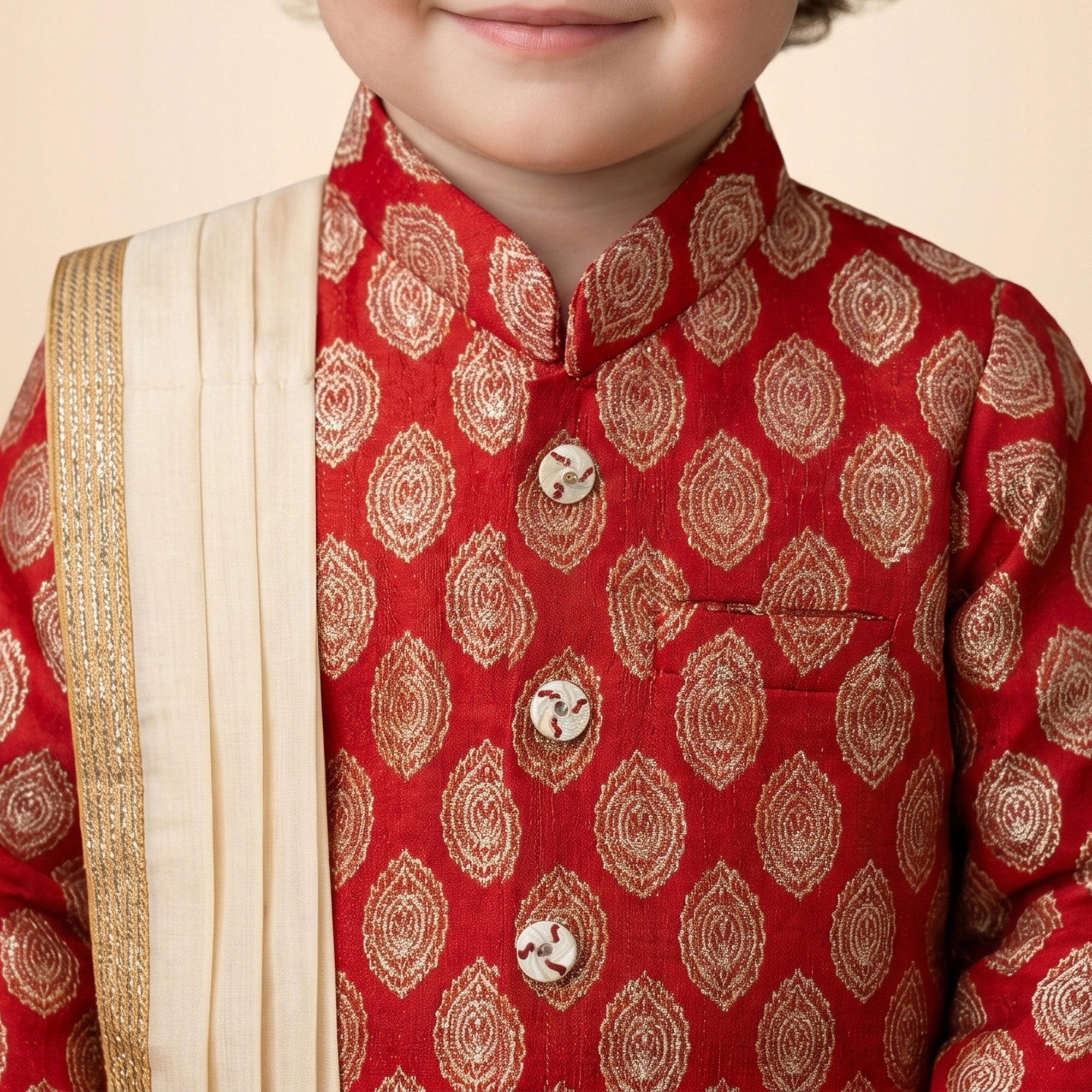 Boys Ethnic Brocade Kurta and Cream Dhoti Set with Stole (Festive & Wedding Wear) Red