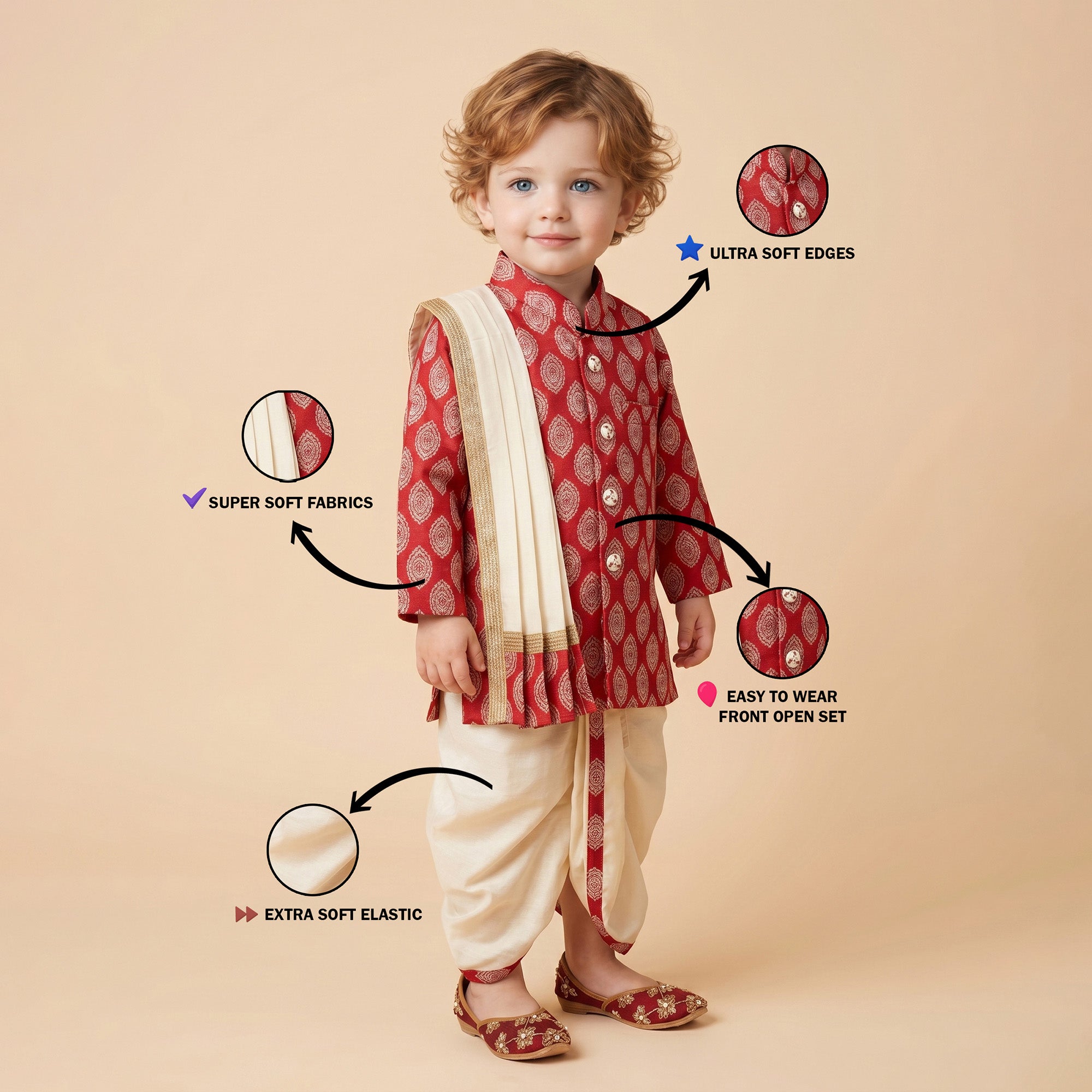 Boys Ethnic Brocade Kurta and Cream Dhoti Set with Stole (Festive & Wedding Wear) Red