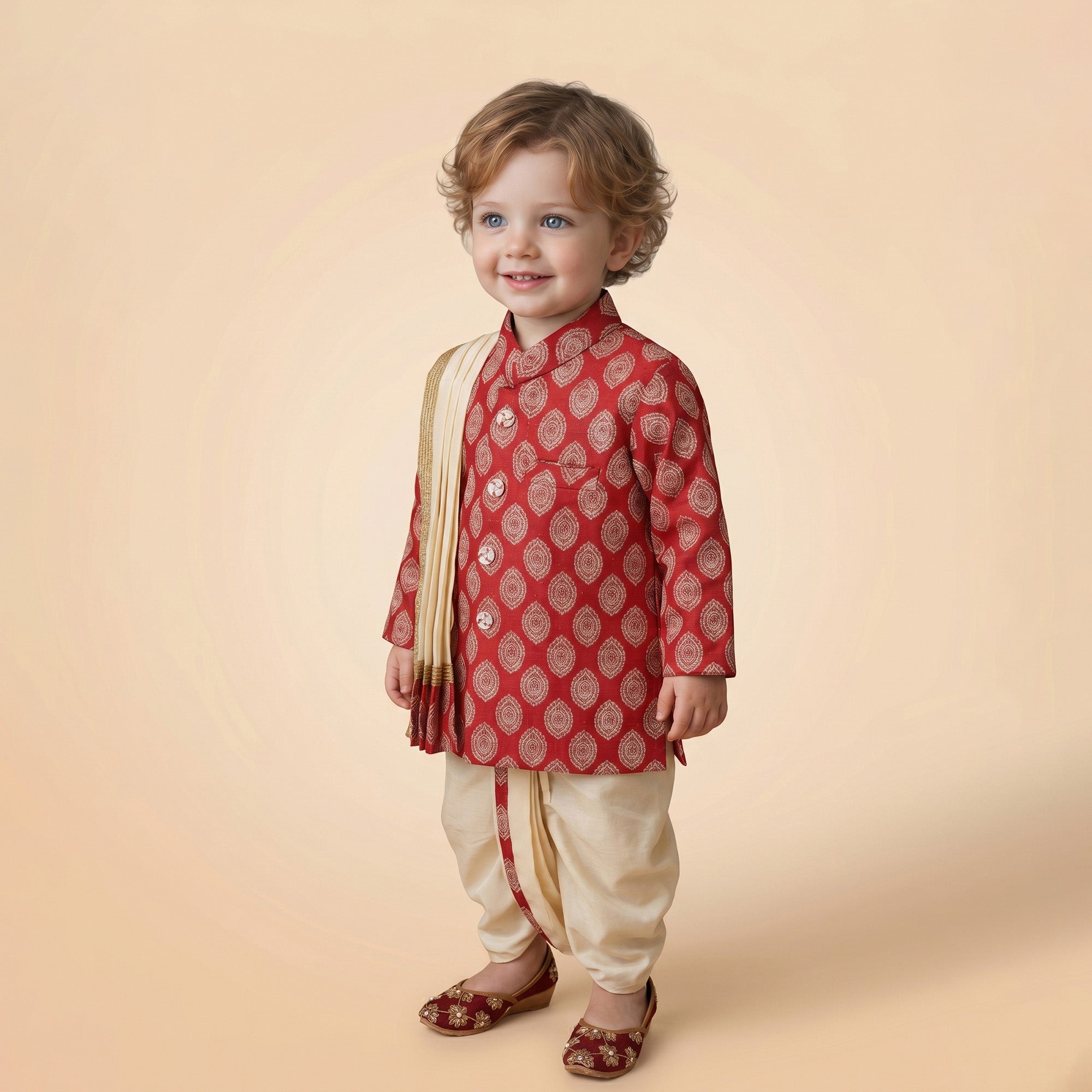 Boys Ethnic Brocade Kurta and Cream Dhoti Set with Stole (Festive & Wedding Wear) Red