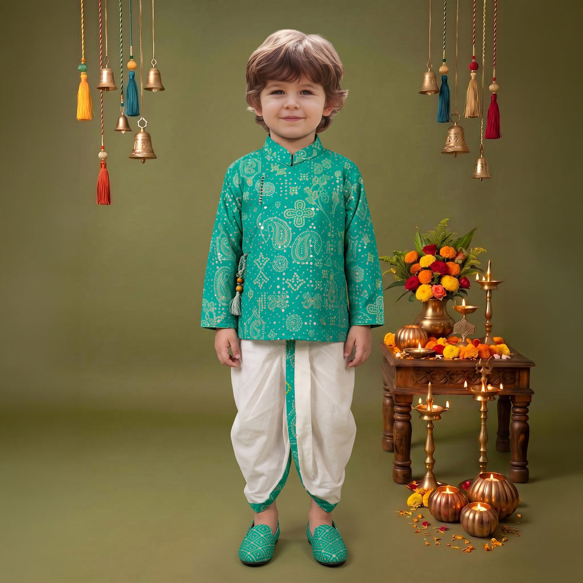 Boys Festive Silk-Blend Print and sequence work Kurta with White Dhoti Pants Turquoise