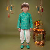 Boys Festive Silk-Blend Print and sequence work Kurta with White Dhoti Pants Turquoise