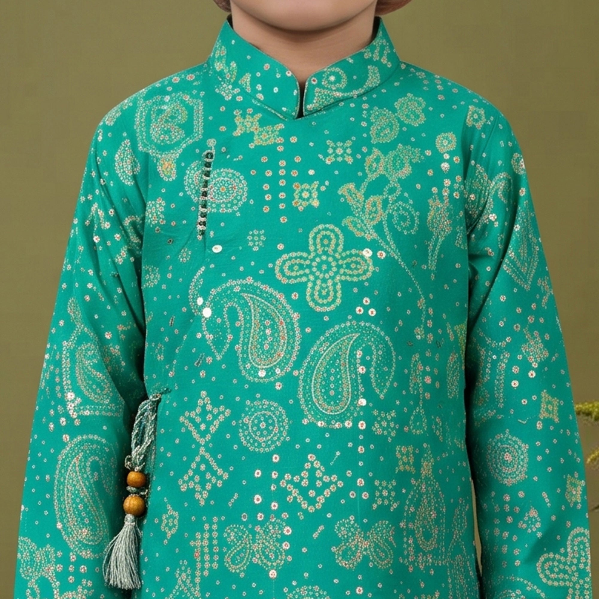 Boys Festive Silk-Blend Print and sequence work Kurta with White Dhoti Pants Turquoise