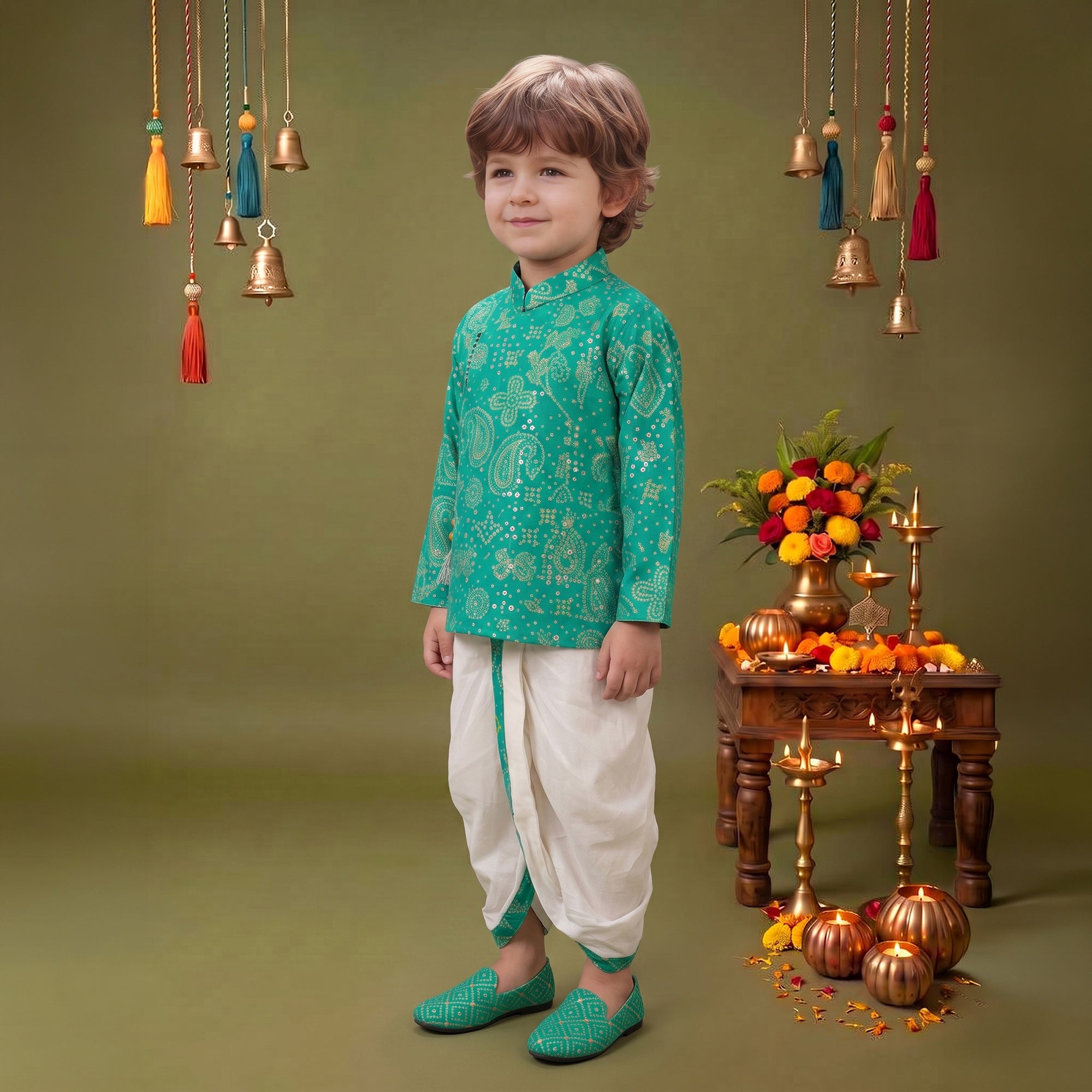 Boys Festive Silk-Blend Print and sequence work Kurta with White Dhoti Pants Turquoise