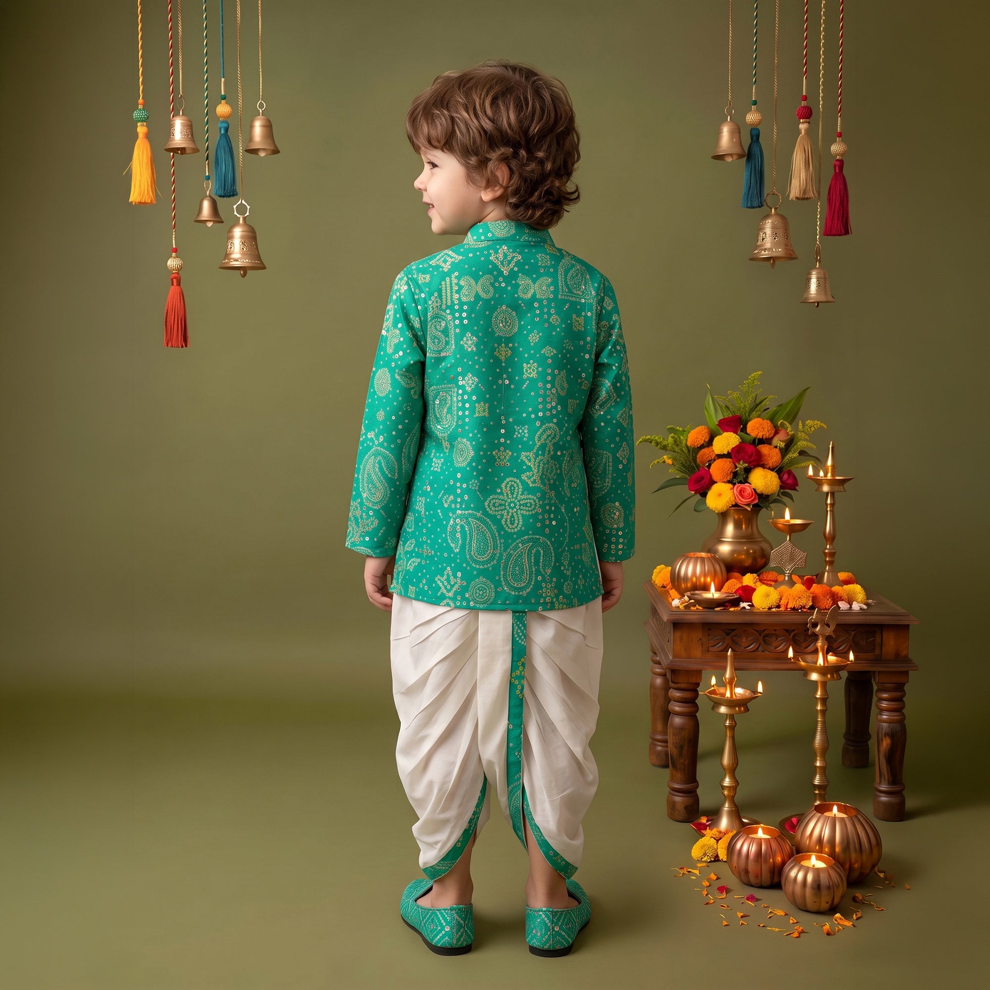 Boys Festive Silk-Blend Print and sequence work Kurta with White Dhoti Pants Turquoise