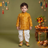 Boys Festive Silk-Blend Print and sequence work Kurta with White Dhoti Pants Mustard