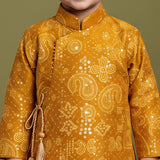 Boys Festive Silk-Blend Print and sequence work Kurta with White Dhoti Pants Mustard