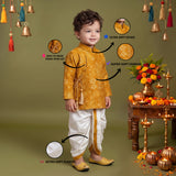 Boys Festive Silk-Blend Print and sequence work Kurta with White Dhoti Pants Mustard