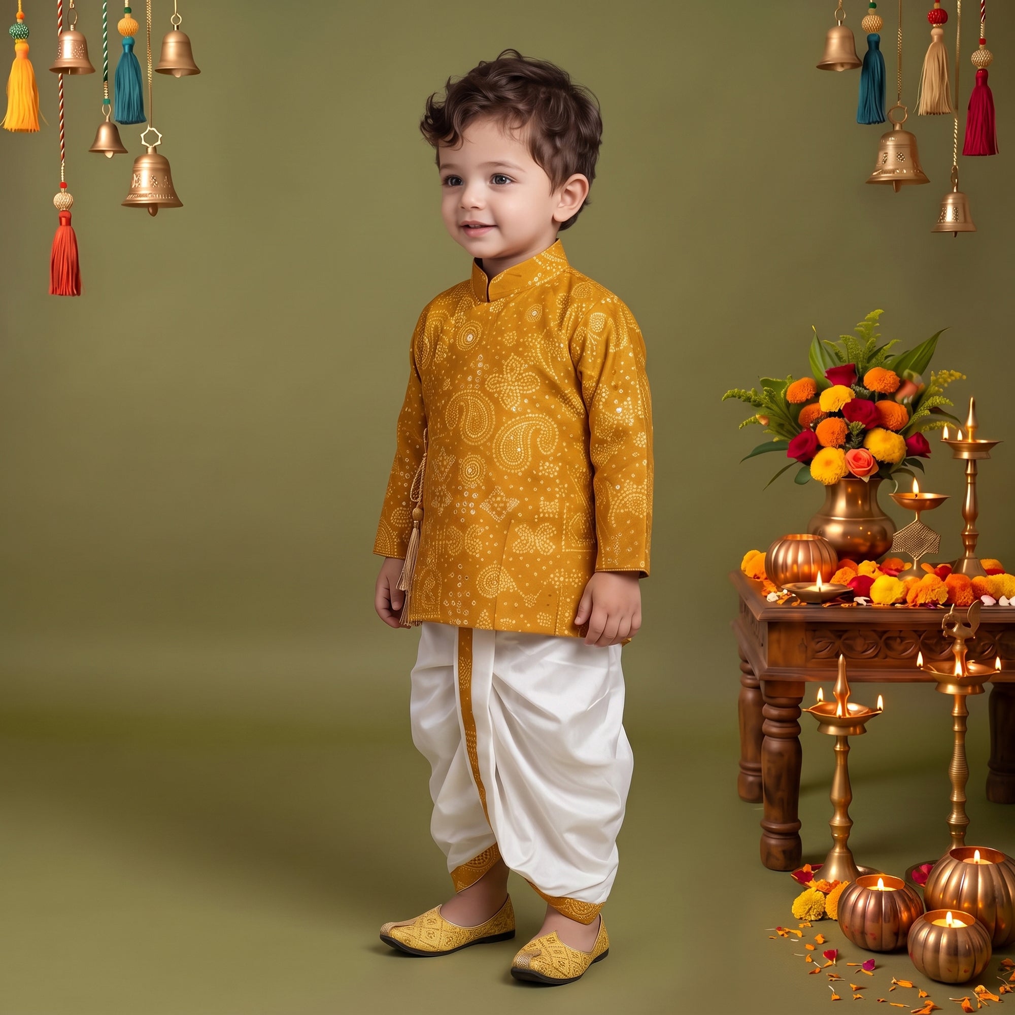 Boys Festive Silk-Blend Print and sequence work Kurta with White Dhoti Pants Mustard