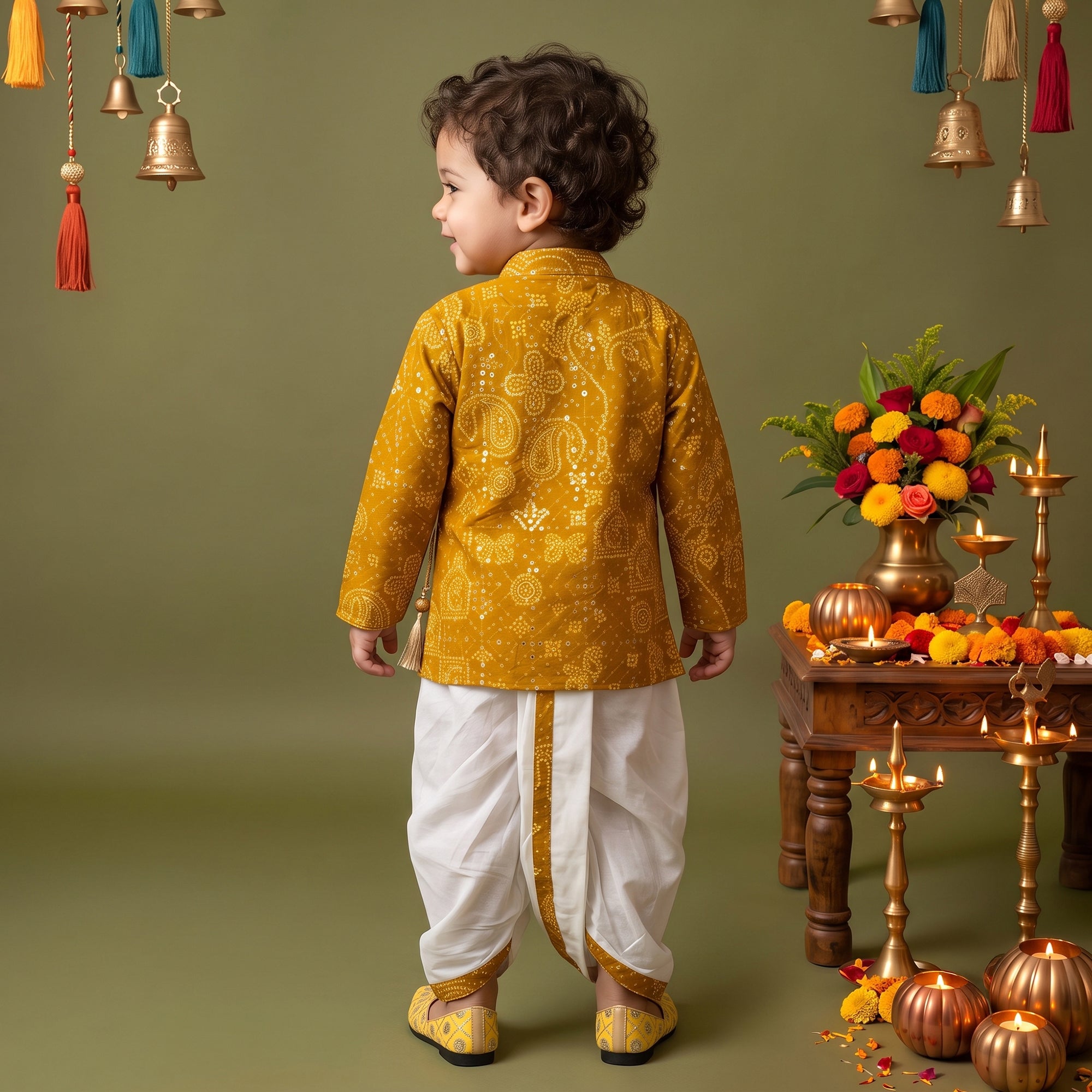 Boys Festive Silk-Blend Print and sequence work Kurta with White Dhoti Pants Mustard