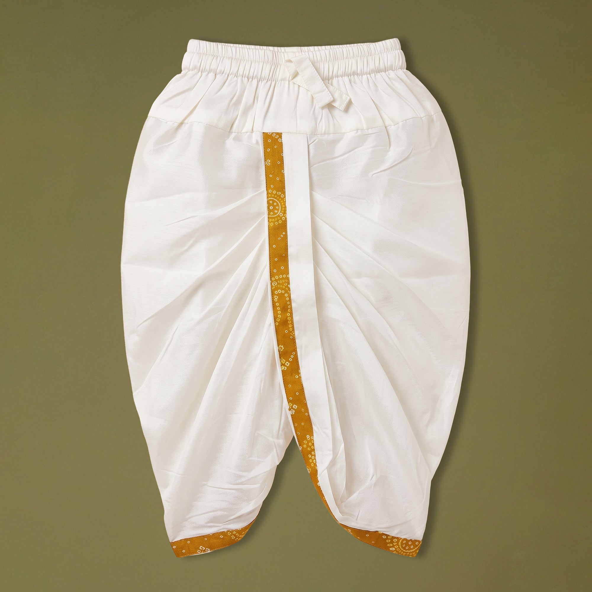 Boys Festive Silk-Blend Print and sequence work Kurta with White Dhoti Pants Mustard