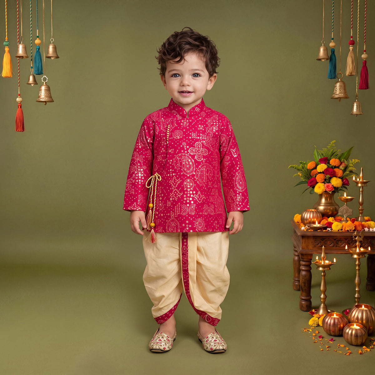 Boys Festive Silk-Blend Print and sequence work Kurta with White Dhoti Pants Pink