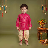 Boys Festive Silk-Blend Print and sequence work Kurta with White Dhoti Pants Pink