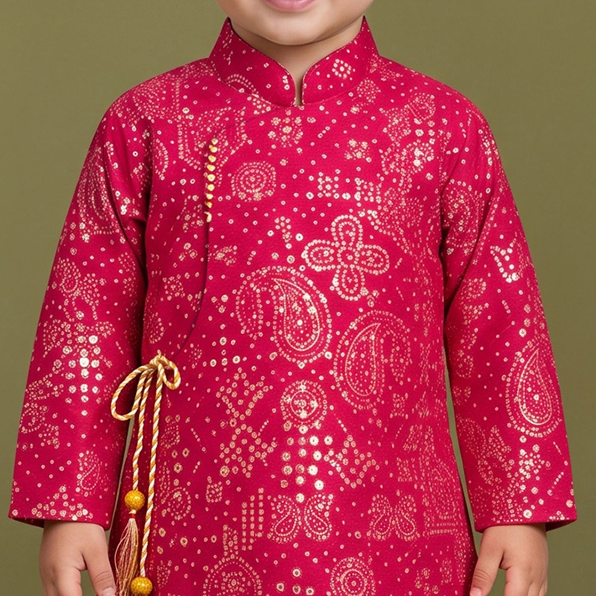 Boys Festive Silk-Blend Print and sequence work Kurta with White Dhoti Pants Pink