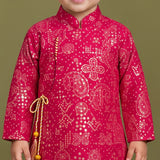 Boys Festive Silk-Blend Print and sequence work Kurta with White Dhoti Pants Pink