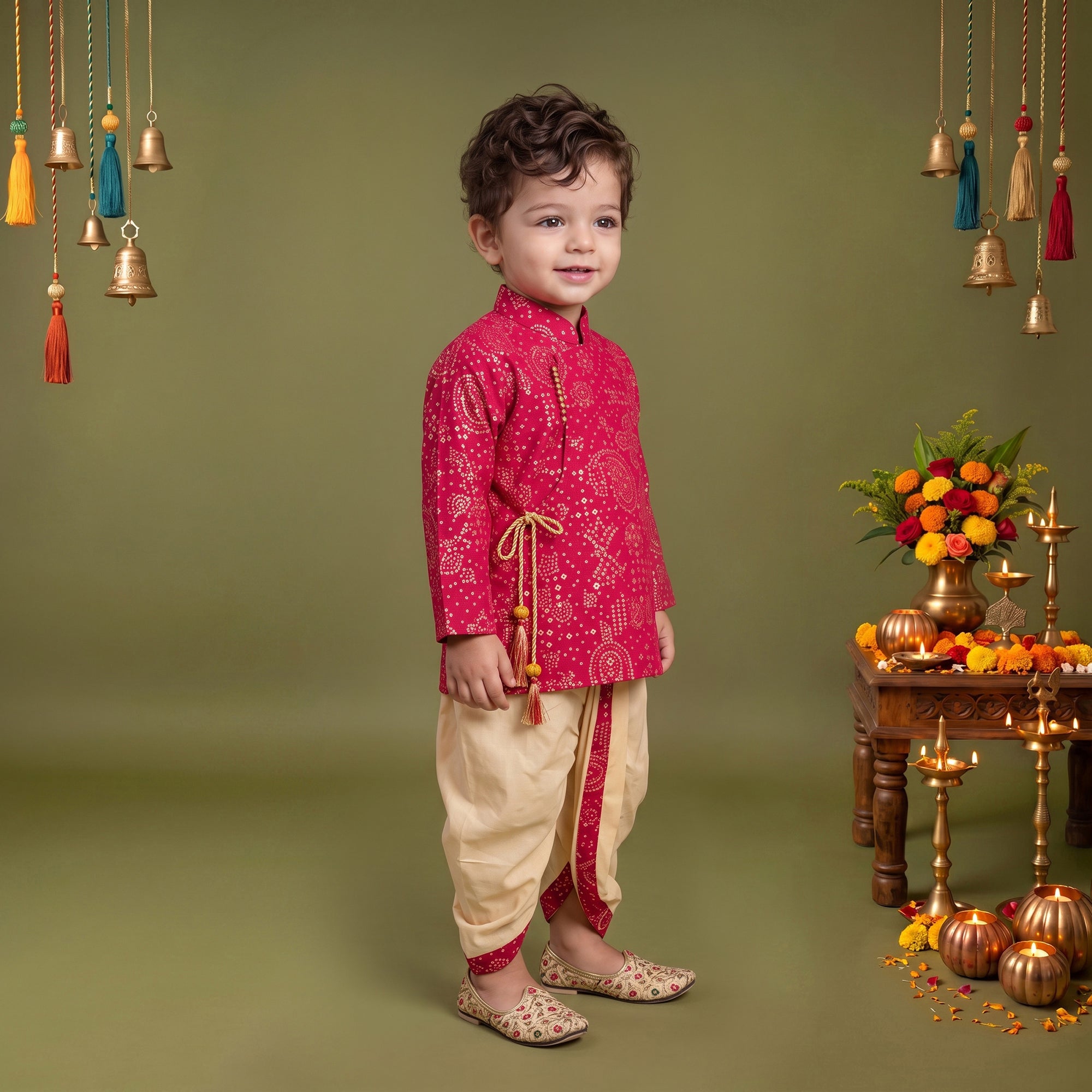 Boys Festive Silk-Blend Print and sequence work Kurta with White Dhoti Pants Pink