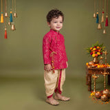 Boys Festive Silk-Blend Print and sequence work Kurta with White Dhoti Pants Pink