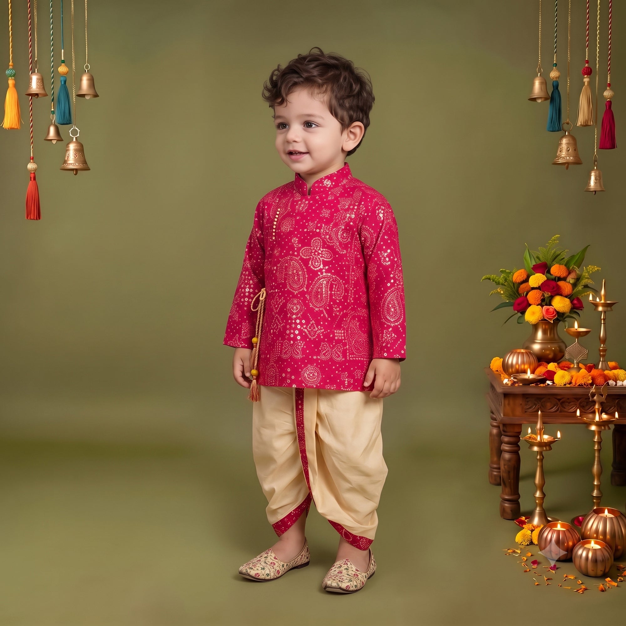 Boys Festive Silk-Blend Print and sequence work Kurta with White Dhoti Pants Pink