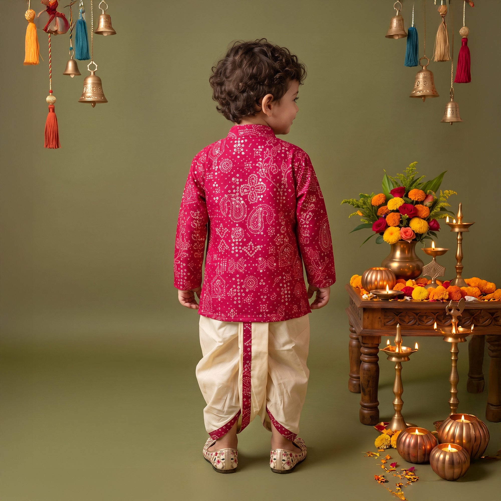 Boys Festive Silk-Blend Print and sequence work Kurta with White Dhoti Pants Pink
