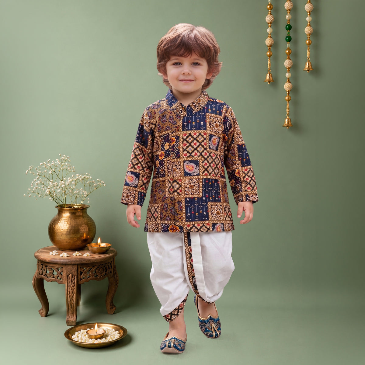 Boys Cotton Woven Full Sleeves All over printed Dhoti Kurta Set 13638 Color Navy Blue