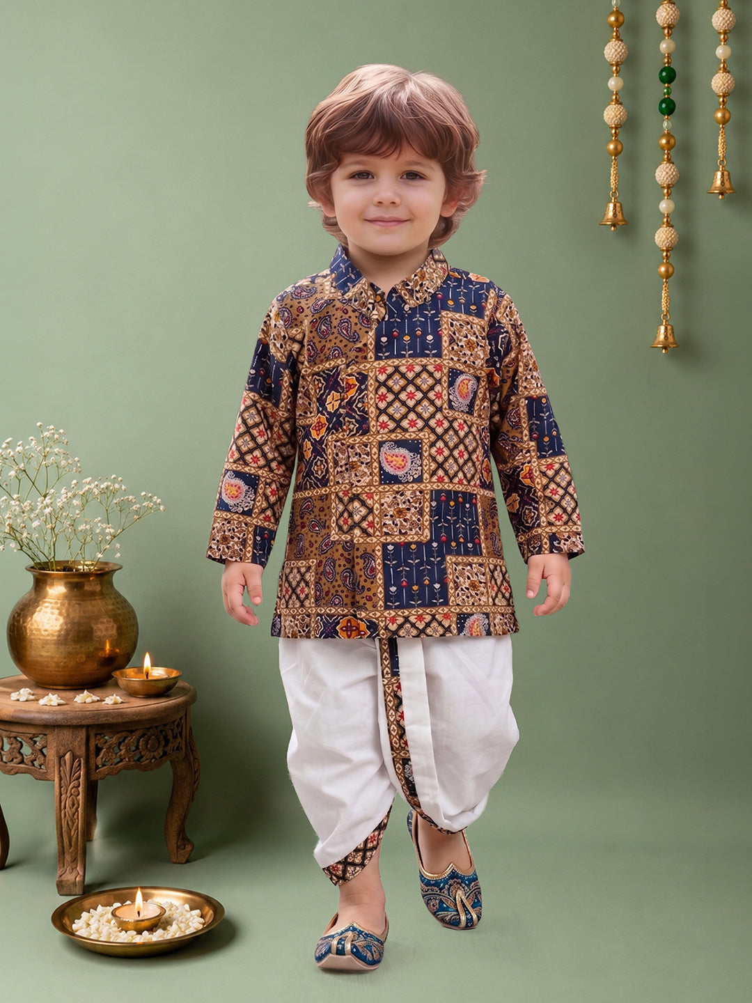 Boys Cotton Woven Full Sleeves All over printed Dhoti Kurta Set 13638 Color Navy Blue