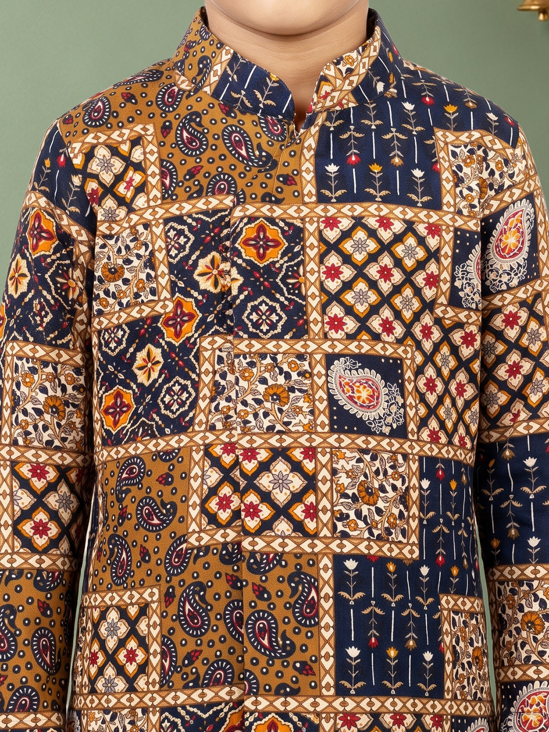 Boys Cotton Woven Full Sleeves All over printed Dhoti Kurta Set 13638 Color Navy Blue