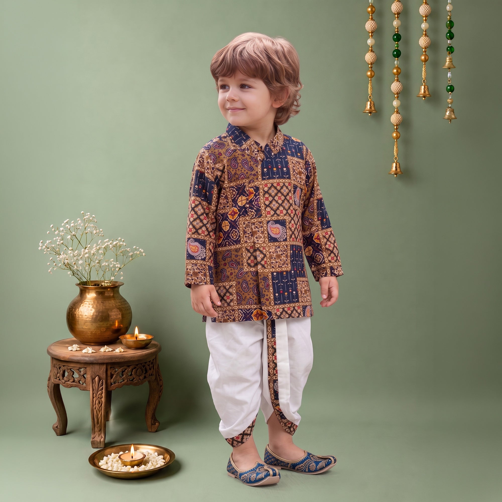 Boys Cotton Woven Full Sleeves All over printed Dhoti Kurta Set 13638 Color Navy Blue