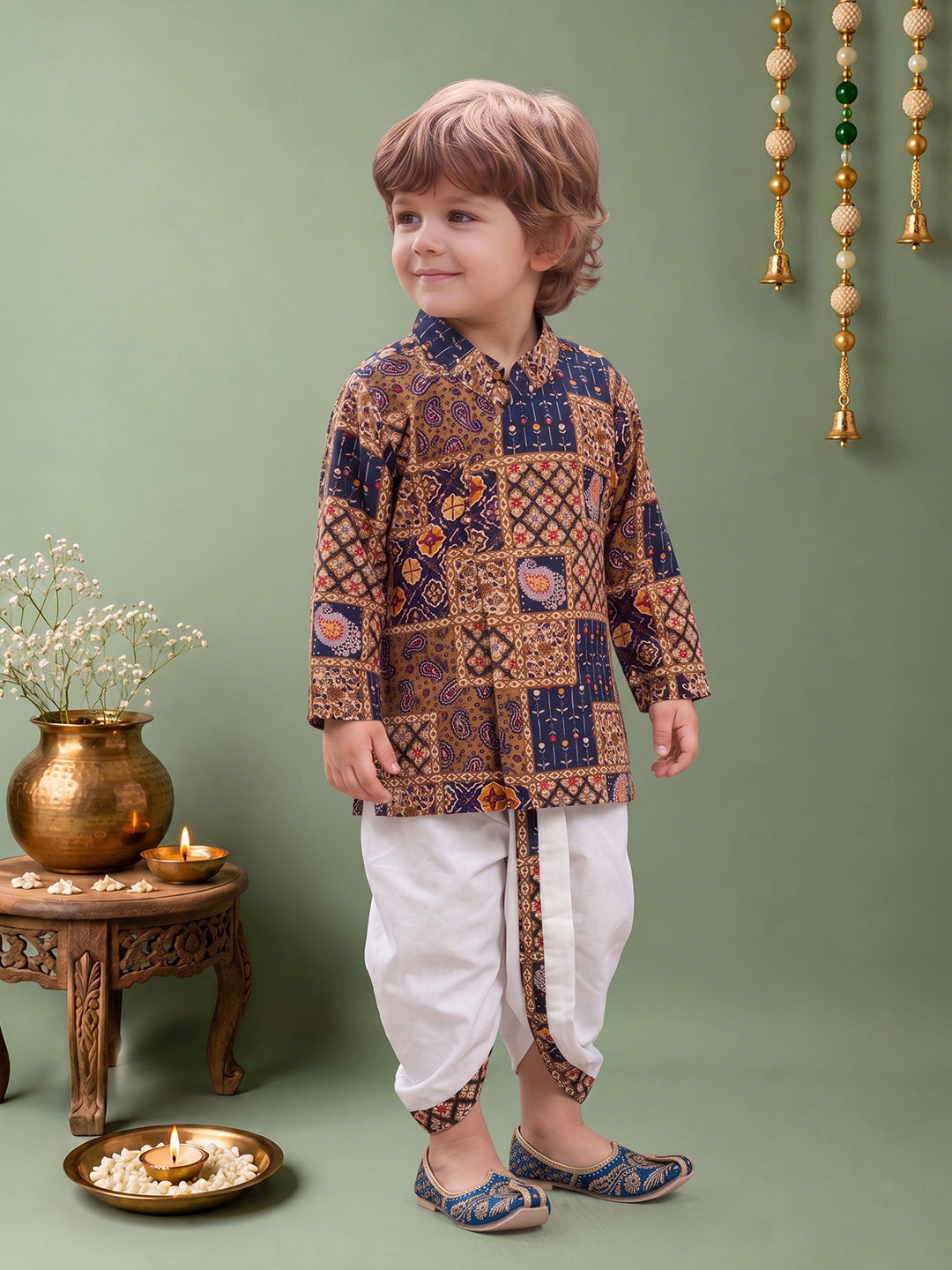 Boys Cotton Woven Full Sleeves All over printed Dhoti Kurta Set 13638 Color Navy Blue