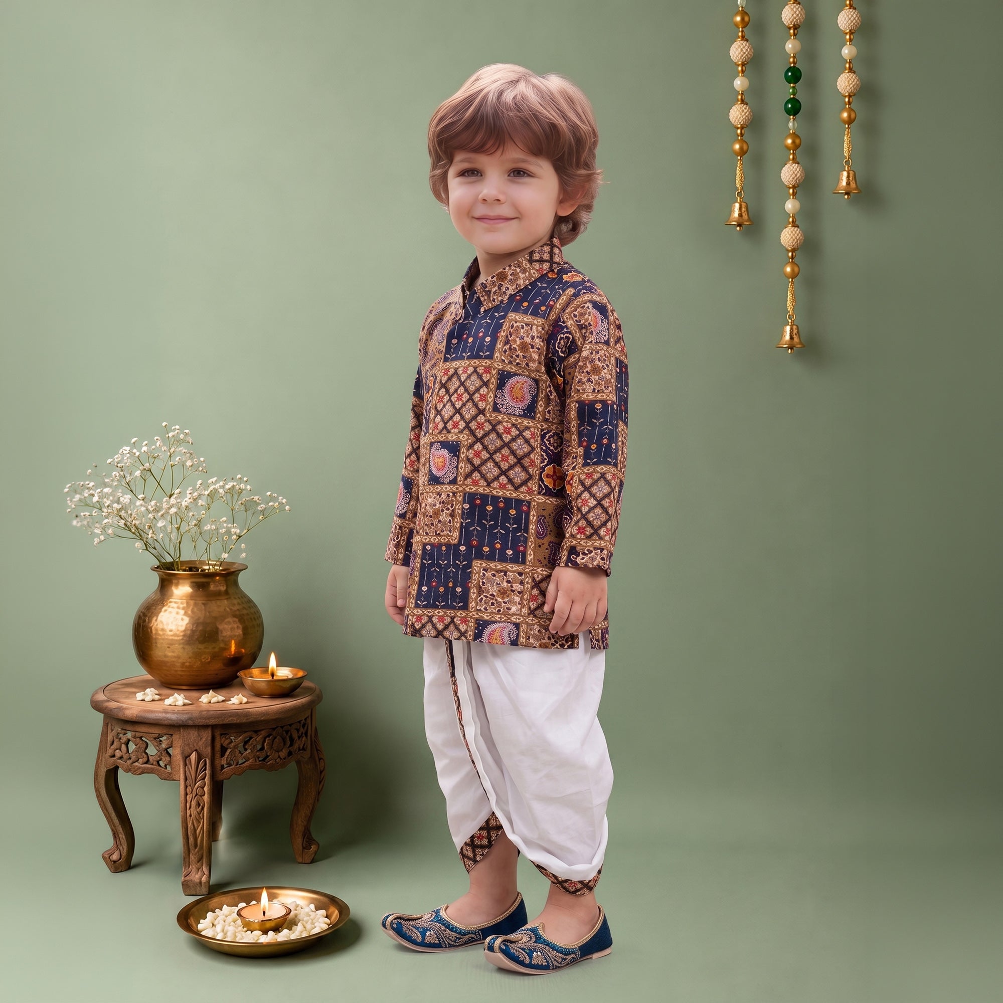 Boys Cotton Woven Full Sleeves All over printed Dhoti Kurta Set 13638 Color Navy Blue