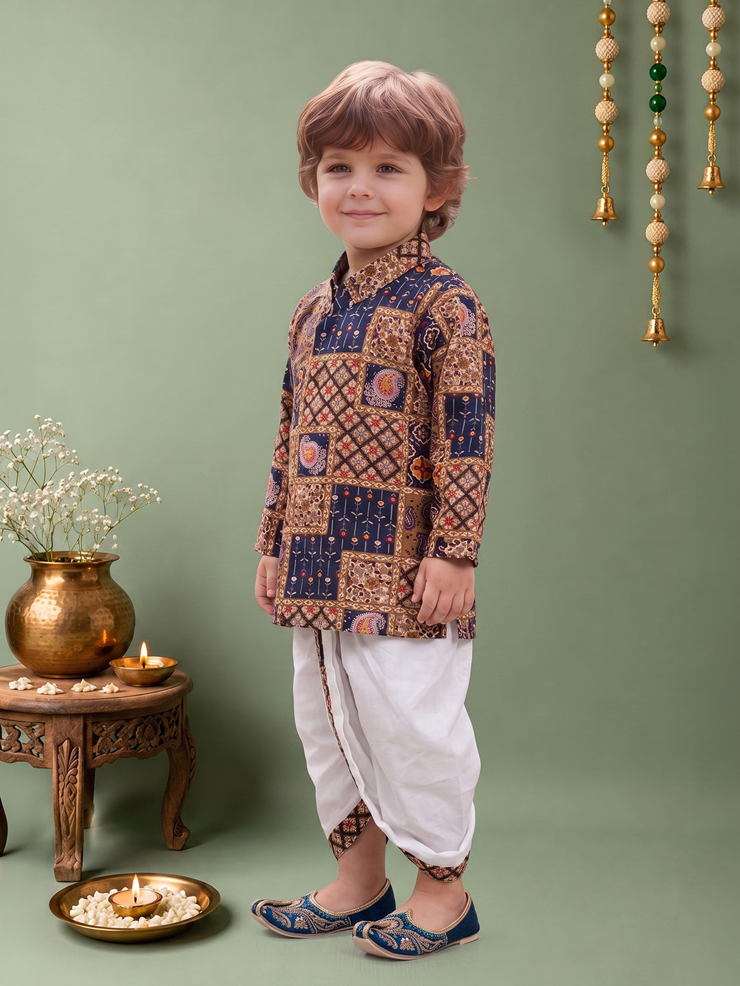 Boys Cotton Woven Full Sleeves All over printed Dhoti Kurta Set 13638 Color Navy Blue
