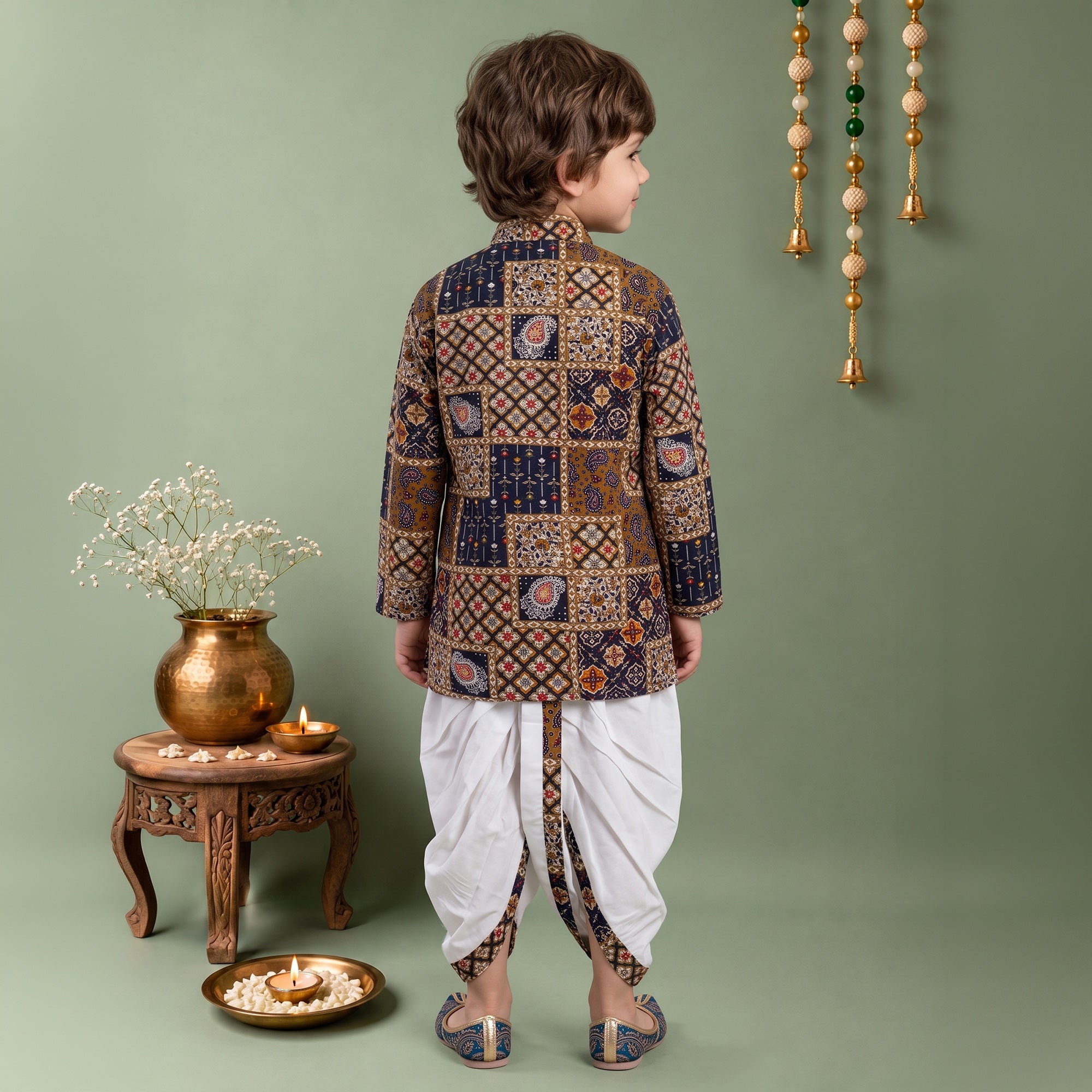 Boys Cotton Woven Full Sleeves All over printed Dhoti Kurta Set 13638 Color Navy Blue