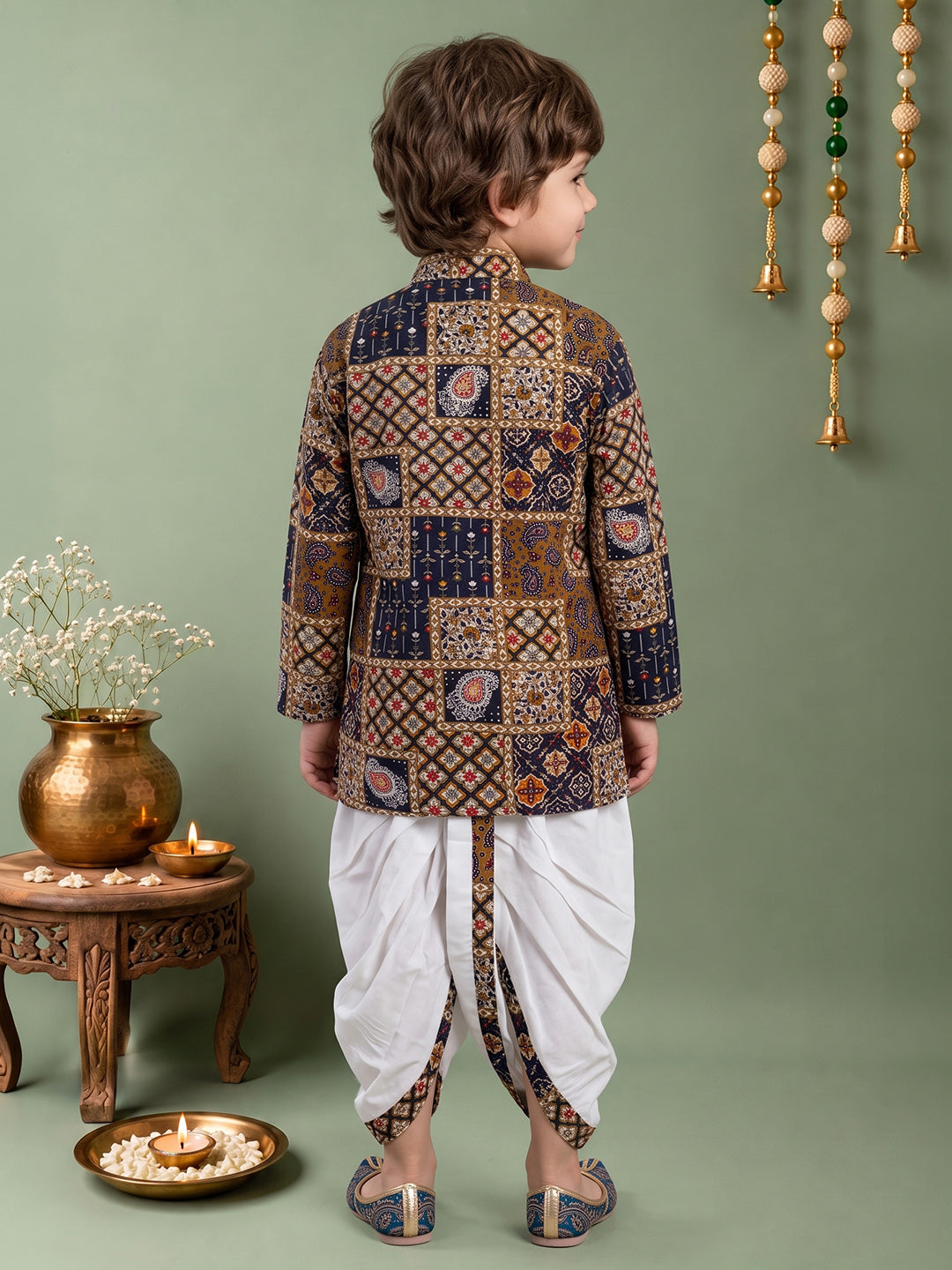 Boys Cotton Woven Full Sleeves All over printed Dhoti Kurta Set 13638 Color Navy Blue