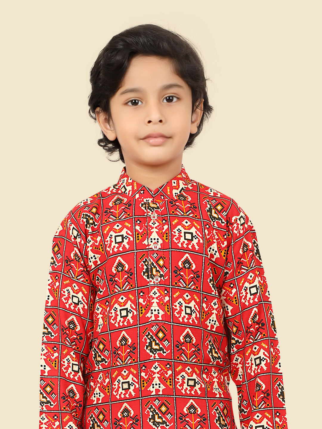 Red Cotton Motif KurtaSet with Long Sleeve Kurta & Pant style Pyjama For Boys