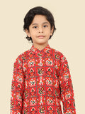 Red Cotton Motif KurtaSet with Long Sleeve Kurta & Pant style Pyjama For Boys