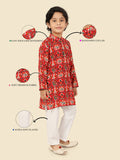 Red Cotton Motif KurtaSet with Long Sleeve Kurta & Pant style Pyjama For Boys