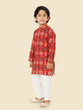 Red Cotton Motif KurtaSet with Long Sleeve Kurta & Pant style Pyjama For Boys