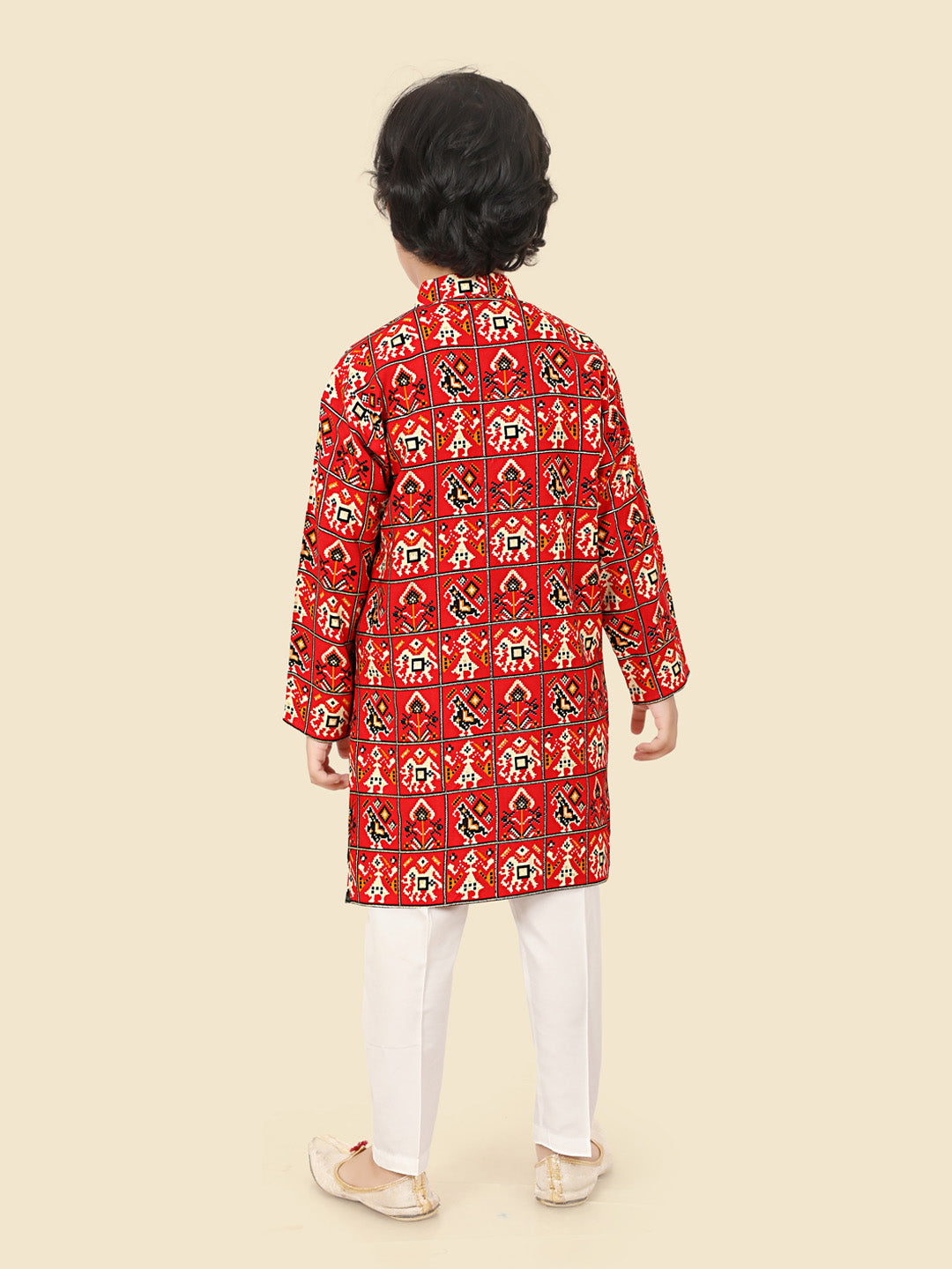 Red Cotton Motif KurtaSet with Long Sleeve Kurta & Pant style Pyjama For Boys