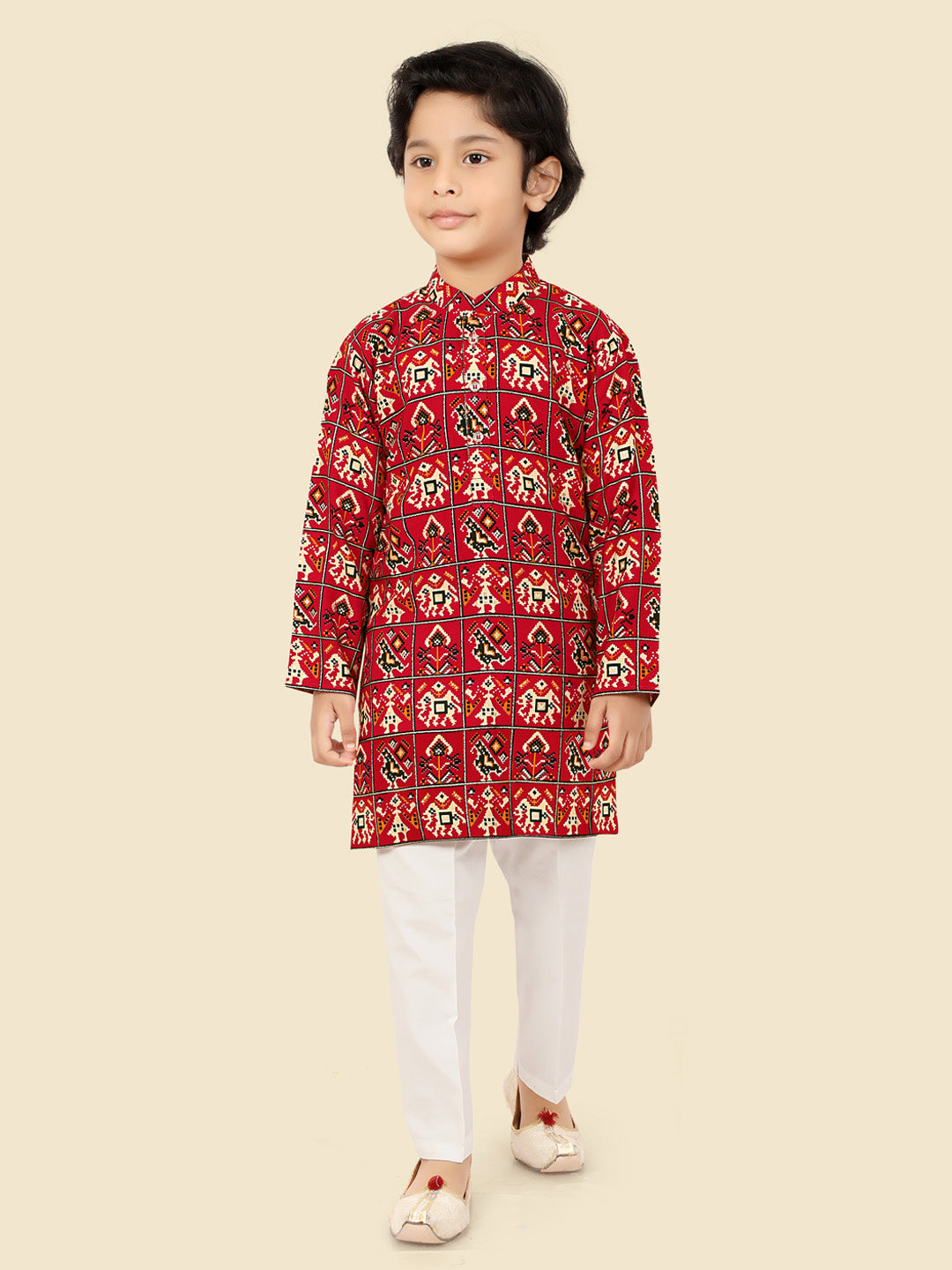 Red Cotton Motif KurtaSet with Long Sleeve Kurta & Pant style Pyjama For Boys