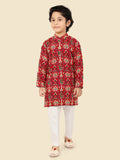 Red Cotton Motif KurtaSet with Long Sleeve Kurta & Pant style Pyjama For Boys