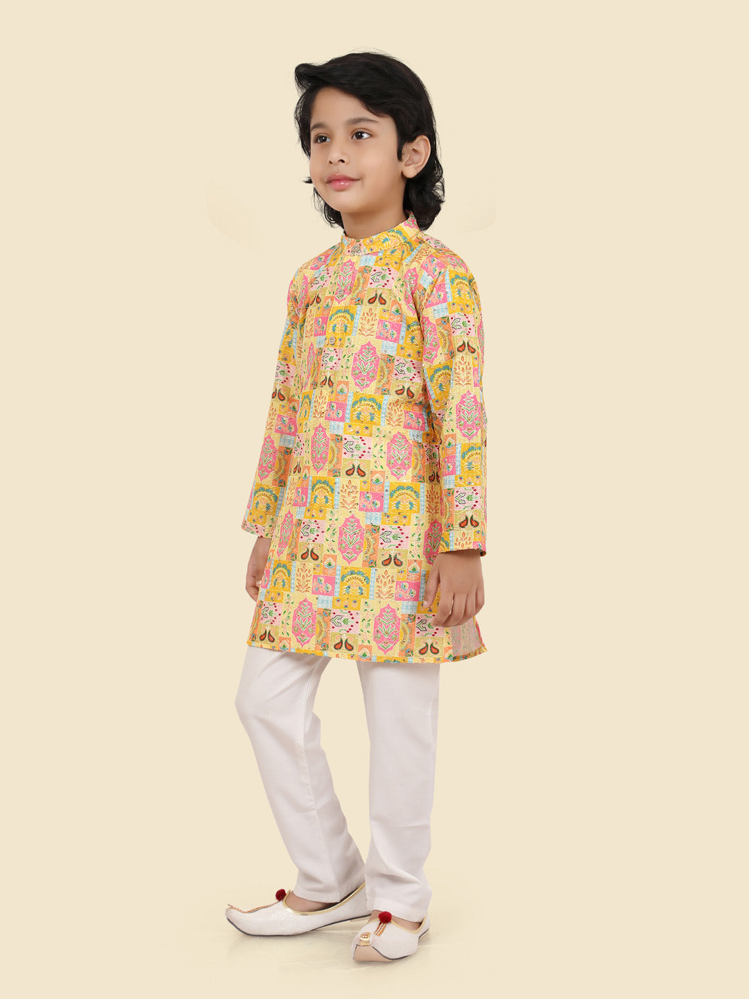 Gold Jacquard KurtaSet with Long Sleeve Kurta & Pant Style Pyjama For Boys