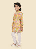 Gold Jacquard KurtaSet with Long Sleeve Kurta & Pant Style Pyjama For Boys