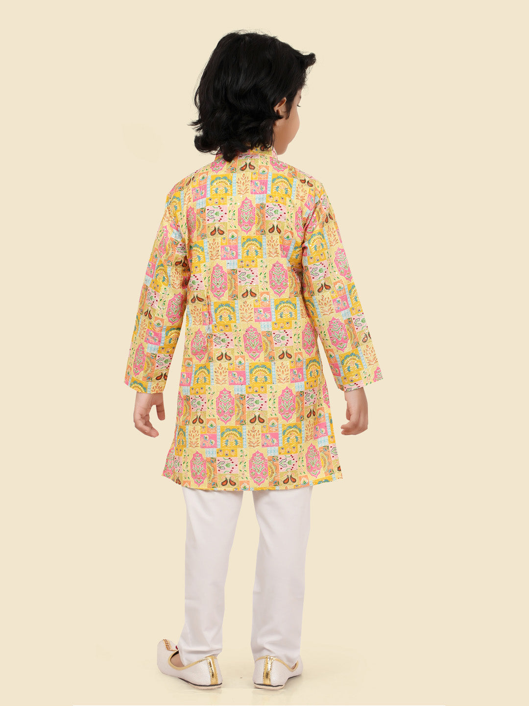 Gold Jacquard KurtaSet with Long Sleeve Kurta & Pant Style Pyjama For Boys